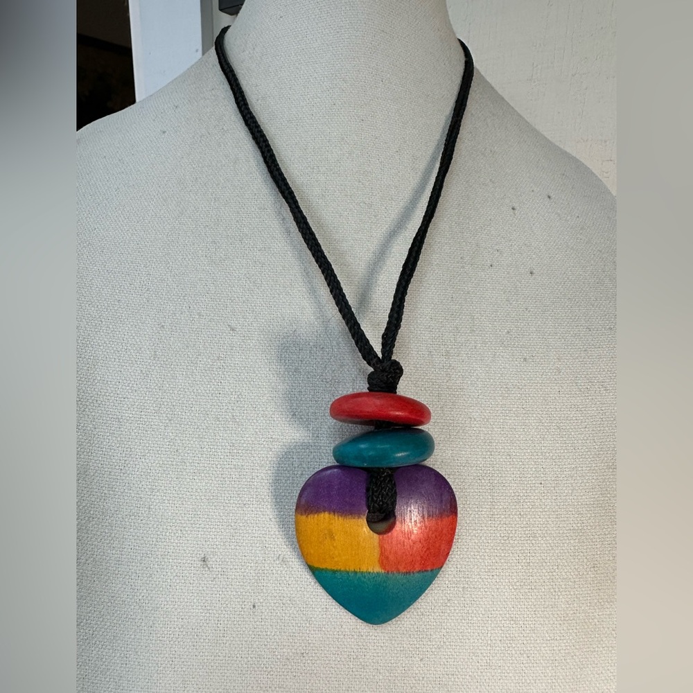 Rainbow colorful carved wooden heart necklace